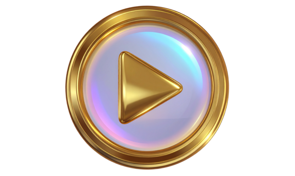 Transparent Background, PNG Futuristic Holographic Gold Play Button with Light Reflections