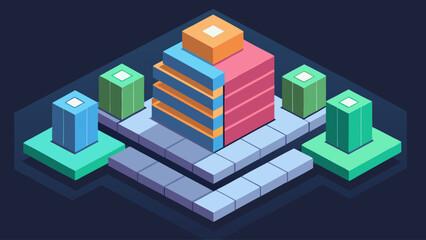 A colorful building with green, blue, and orange blocks. The blocks are stacked on top of each other, creating a unique and eye-catching design. Concept of creativity and playfulness