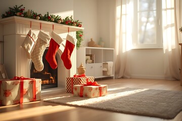 Morning Sunlight on Christmas Stockings and Gifts by Window