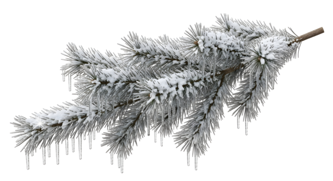 A frosted fir branch with icicles hanging down, symbolizing winter's frosty embrace and the beauty of nature's icy touch