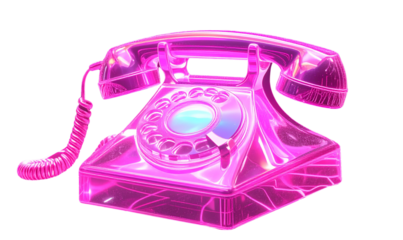 Transparent Background, PNG Holographic Pink Rotary Phone Floating in Futuristic Neon Grid