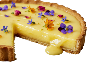 Macro close-up of a freshly cut lemon elderflower tart slice with oozing curd, flaky crust, and dewy edible wildflowers on gray background, gourmet dessert concept