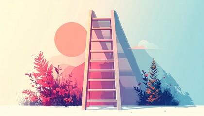 Minimal flat design of a ladder, pastel muted tones, isolated on white.
