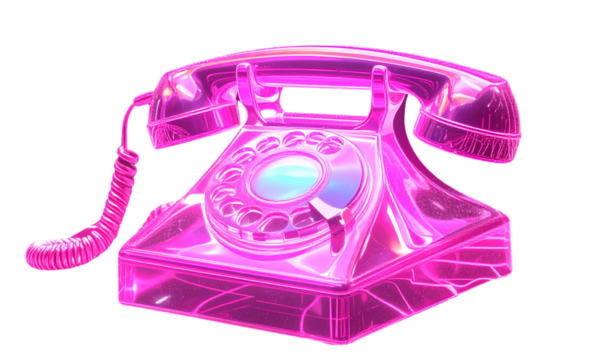 Transparent Background, PNG Holographic Pink Rotary Phone Floating in Futuristic Neon Grid