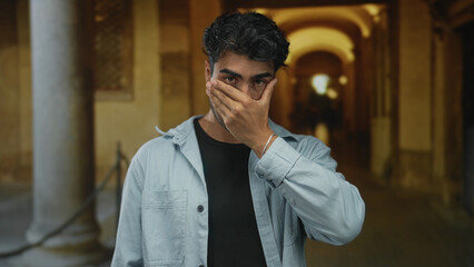 Man covers face with hand in old university building stone archway under warm sunlight;...