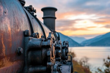 Fototapeta premium Intricate rusty details of an old train engine, with gears and bolts, overlooking a serene lake, majestic mountains, and vibrant sunset.