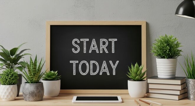 motivational quote 'start today' on chalkboard in modern office workspace. desk with plants and books. concept of new beginnings, productivity, and inspiration.