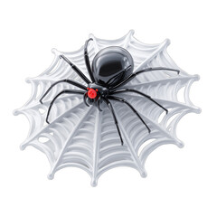 Glossy black spider with intense red eyes on an intricate white web, 3D render isolated on a dark background, perfect for Halloween.