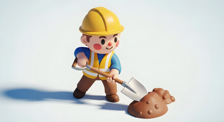 cheerful cartoon construction worker digging ground