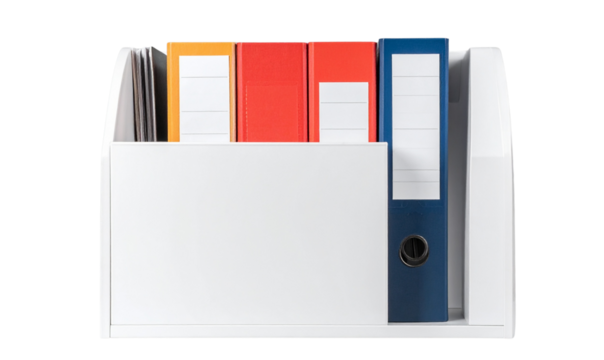 Transparent Background, PNG Minimal White File Organizer with Colorful Folders, Front Angle