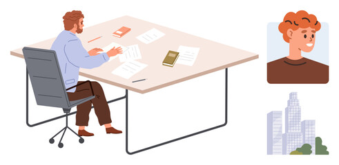 Man sitting at a desk reviewing papers and books, profile image insert of a person, and cityscape illustration. Ideal for themes thumbs up productivity, office work, remote job, communication