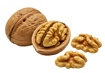 Macro shot of earthy brown whole, cracked, and golden-brown shelled common walnuts glistening with natural oils, isolated on a transparent background, concept of healthy natural food