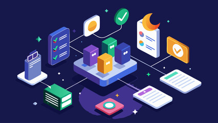 Obraz premium A colorful drawing of a computer network with a check mark on it. The check mark is located in the middle of the drawing