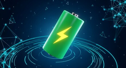 Green battery icon with lightning bolt and abstract digital background