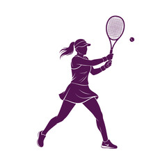 Purple silhouette of a female tennis player in action, hitting a ball with a racket on a white background.