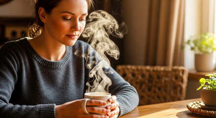 A young woman enjoying a cup of hot coffee or tea in a cozy setting, embracing the warmth and comfort of a relaxing moment at home
