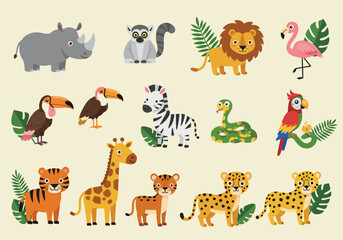 Set of flat vector illustrations in children's style of savannah animals. Cute rhinoceros lemur lion flamingo toucan vulture vulture snake zebra parrot tiger giraffe leopard cheetah