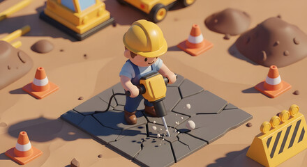 cute construction worker jackhammering road isometric graphic