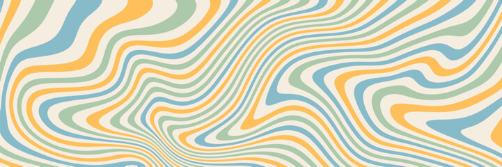Abstract retro banner with blue, green and yellow waves on a beige background. Vector illustration