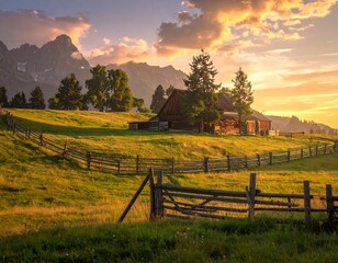 Scenic sunset over a mountain valley with a rustic wooden barn and grassy fields