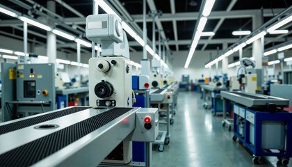 Naklejka premium Automated machinery operating on assembly line in industrial factory, technology advancement