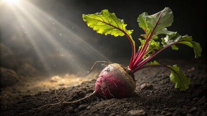 A single vibrant beetroot with leafy green top in garden earth