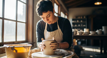 A focused potter shaping clay on a spinning wheel, showcasing the art of pottery and the creation of handmade ceramic craft