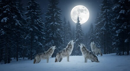 Wolves Howling at Full Moon in Snowy Forest – Wildlife Concept