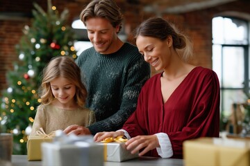 Caucasian family celebrating christmas with gift exchange by tree