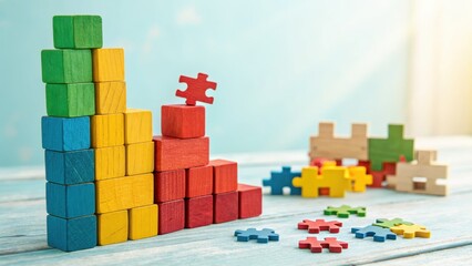 Obraz premium Wooden Blocks in Primary Colors Arranged in Ascending Order