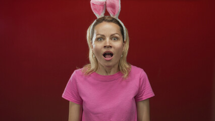 Young blonde woman in pink shirt and bunny ears headband points finger forward in red studio; surprise.