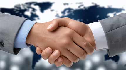 Business handshake symbolizing partnership and collaboration in global context, showcasing unity and trust in professional relationships