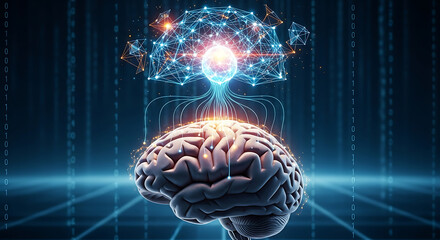 Futuristic concept of brain-computer interface and the evolution of thought, showing a human mind connected to a digital AI consciousness
