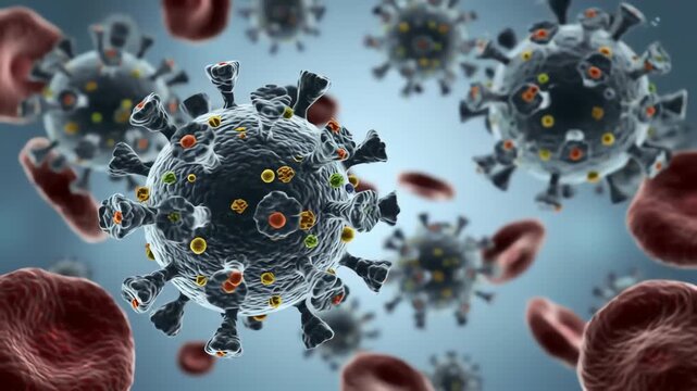dengue virus particles in bloodstream, spherical with surface spikes
