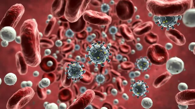dengue virus particles in bloodstream, spherical with surface spikes