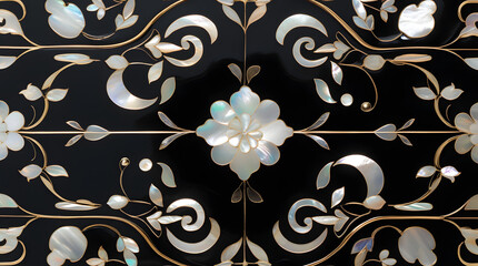 Korean mother-of-pearl patterns. Korean Lacquerware Pattern Design, featuring intricate Mother-of-Pearl Inlay on a rich black Lacquer background, crafted by traditional Korean Najeonchilgi artists