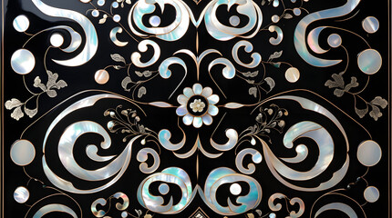 Korean mother-of-pearl patterns. Korean Lacquerware Pattern Design, featuring intricate Mother-of-Pearl Inlay on a rich black Lacquer background, crafted by traditional Korean Najeonchilgi artists
