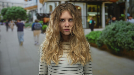 Fototapeta premium Woman clenches fist in frustration on a street, her blonde young profile with eyesclosed expression in a casual urban outdoors scene.