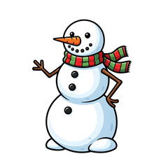 Cute Snowman Waving Hello with Colorful Scarf and Carrot Nose - Winter Holiday Character Illustration
