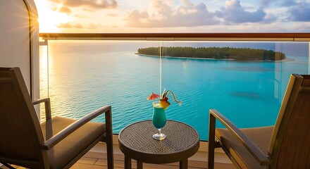 Fototapeta premium Balcony View with Cocktail at Sunset on Cruise.