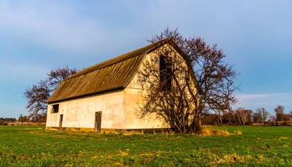 Weathered barn in a field, partially obscured by a tree