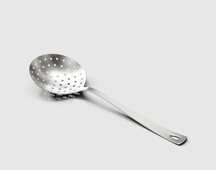 Shiny stainless steel slotted spoon for draining and cooking on white, 3d illustration