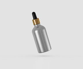 Sleek metal dropper bottle with gold accent, floating on light background