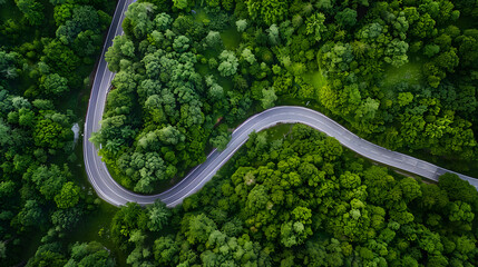 Winding road through dense forest