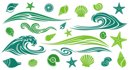 Nautical inspired vector elements featuring waves, seashells and starfish in green shades on white