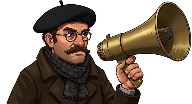 Detailed cartoon of a film director holding an old megaphone, wearing a classic beret and scarf, serious concentrated expression, isolated on white background.