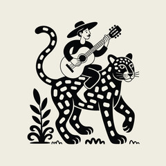 Fototapeta premium Musician on Jaguar A Bold Folk Art Illustration