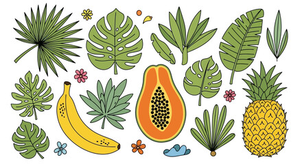 Vibrant tropical illustration featuring exotic fruits and lush foliage in a playful style