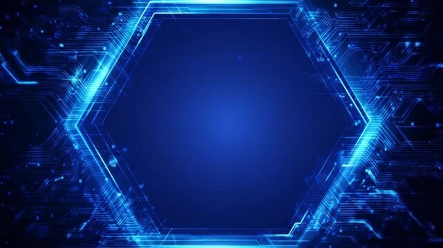Blue hexagon frame with circuit board motif against a deep blue gradient background