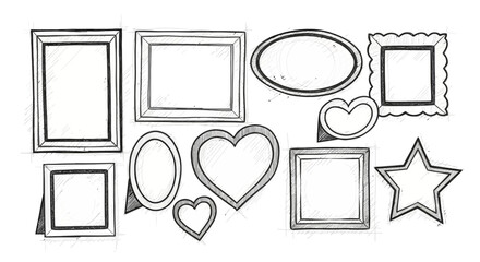 Collection of hand drawn picture frames in various shapes and sizes in sketch style